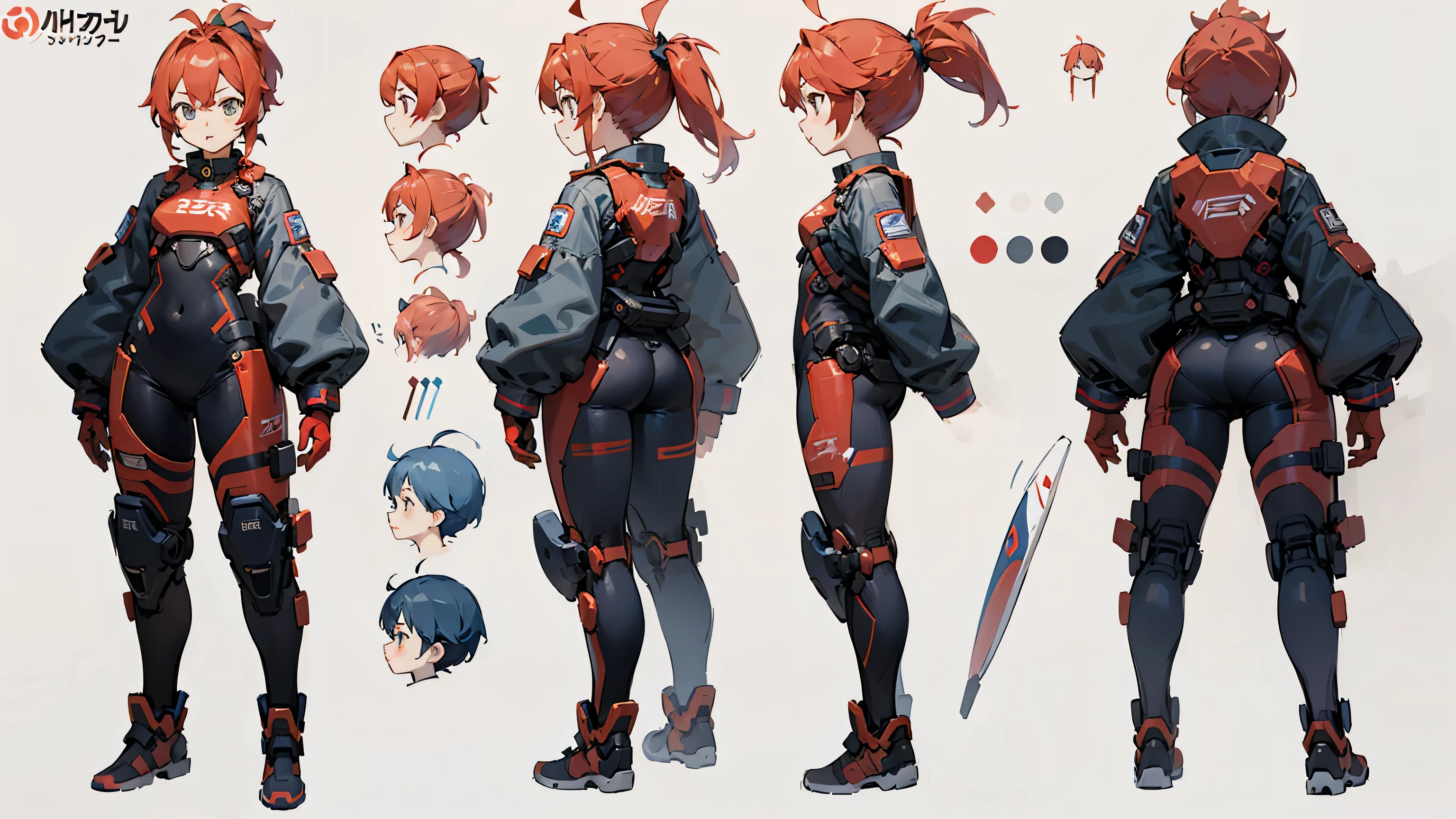 SF Pilot Suit、Red Ponytail、Ahoge(whole body,Character design sheet,front,return,~ side)