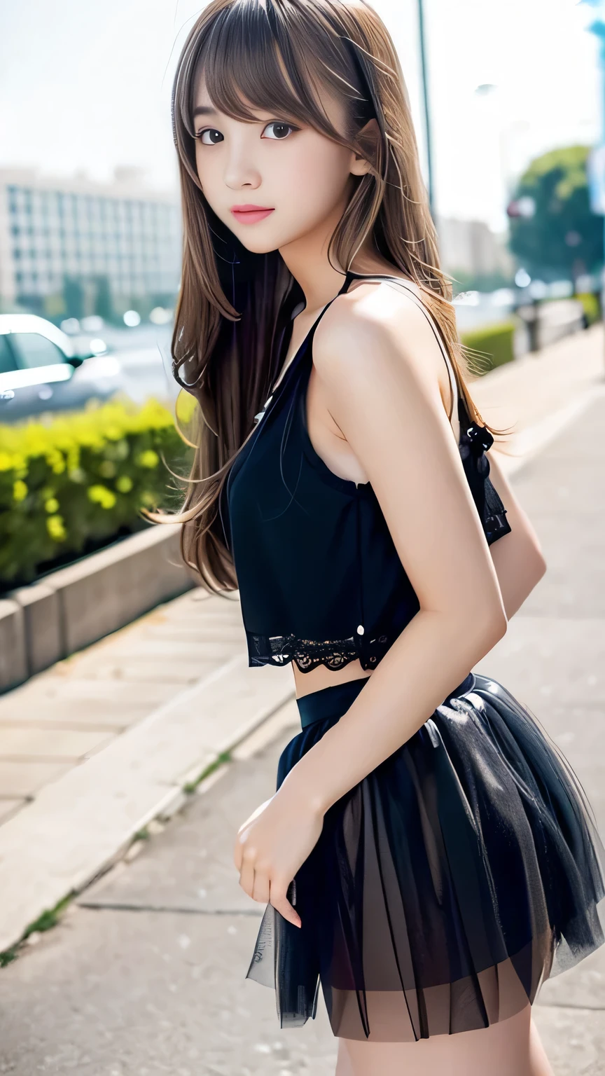 Sexy Big 、A cute -yeld giwith a sexy and cute look, beautiful and sexy face、A strong wind blows my hair in front of my face、With straight blonde hair、beautiful, Cute and sexy eyes hidden behind long bangs、Cute tulle mini skirt