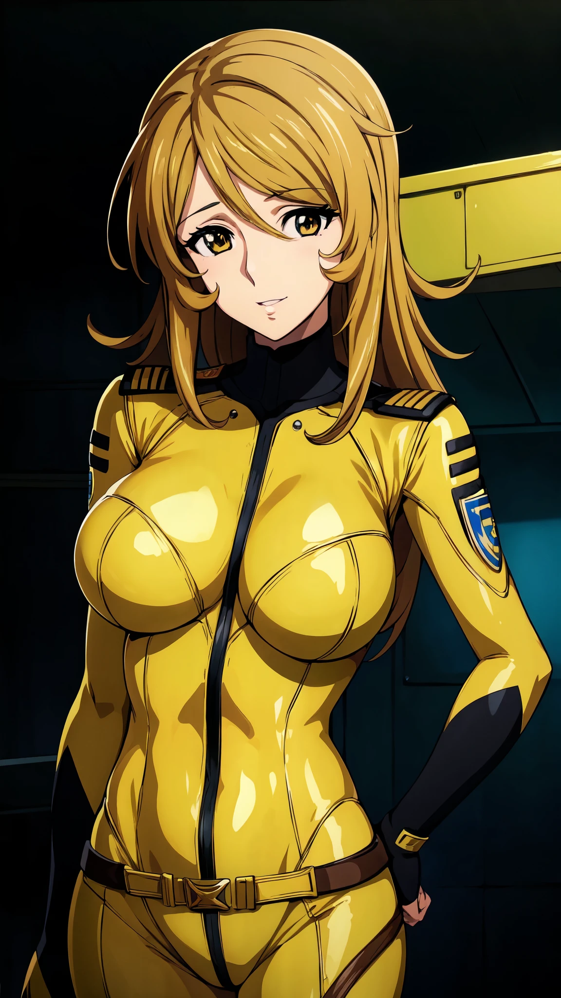 8k, anime,One girl,Yellow bodysuit,(Bright room,Inside the spaceship,Bedroom), Huge breasts, View Viewer, Brown eyes,(Aesthetic Anime Eyes:1.4), smile,slender,Focus Only, Cowboy Shot,(masterpiece:1.4),(highest quality:1.4),(Shiny skin),Steaming body ,      