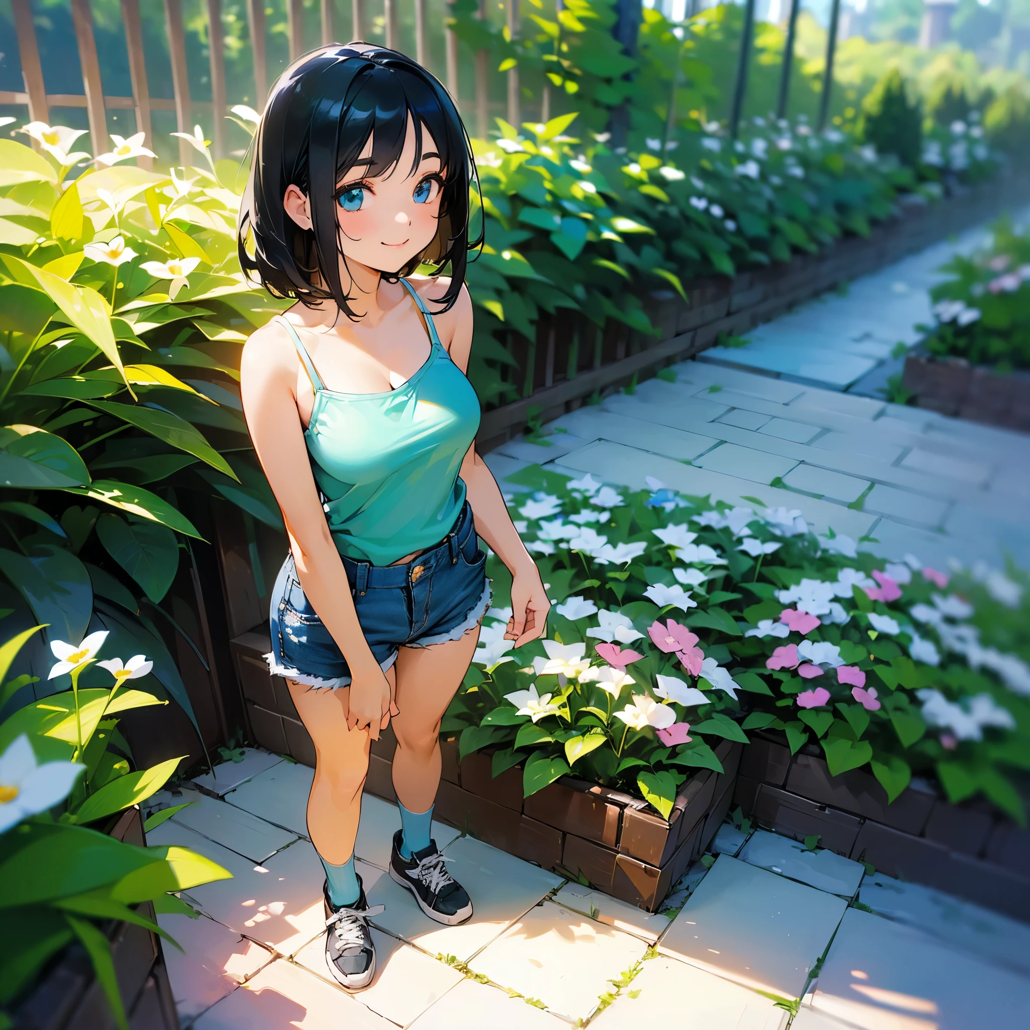 (high quality, High resolution, Very detailed, reality:1.37), Peaceful atmosphere, (Outdoor, garden), Teenage girl standing alone, (my breasts are big.), Beautiful details, Cute Smile, (Black bob hair), camisole, Denim shorts, Blue socks, sneakers.