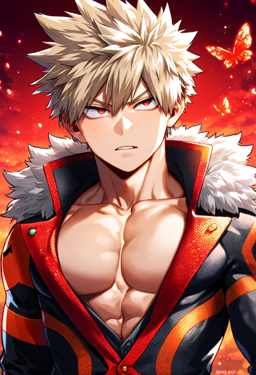 absurdres, highres, ultra detailed, HDR, master piece, best quality, Bakugo Katsuki, ash-blonde hair, expressive red eyes, Boku no hero academia, solo, sexy man, handsome, toned chest, black hero clothes, magical, fantasy, red roses, red butterflies, red petals, red sky
