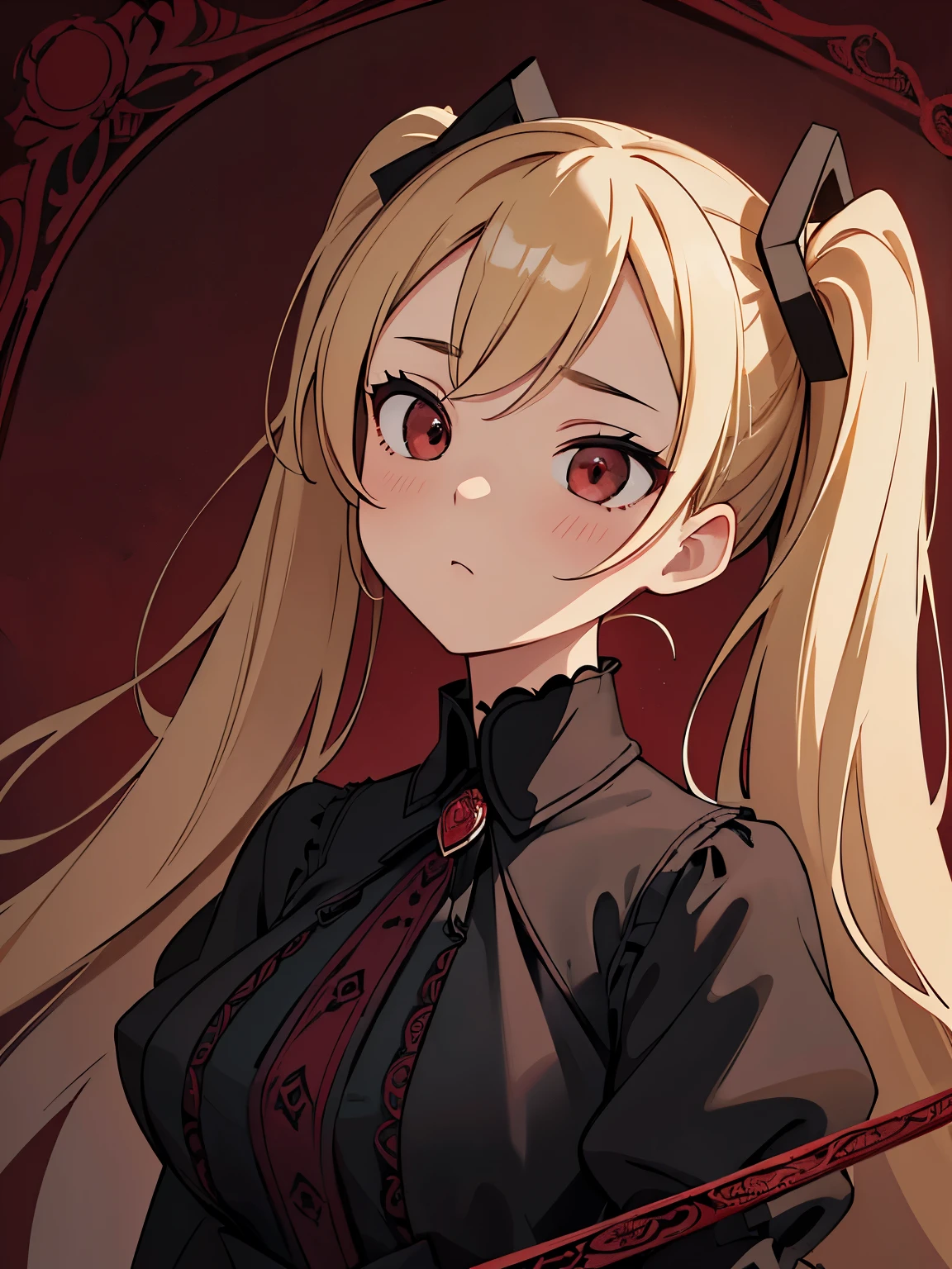(masterpiece、highest quality、highest quality、Official Art、Beautiful and beautiful:1.2)、(One girl:1.3)Hatsune Miku、Twin tails,Big Breasts,score_9, score_8_superior, score_7_superior, score_6_superior, Break Anime, Very detailed, complicated, masterpiece, 4K, Adult, Detailed lighting, Cinematic, Dynamic Background, Wallpaper Background:1, Mysterious, Sensual, complicated black lace patterns overlaying a deep red backdrop, Subtle white highlights accentuate the elegant motif, An atmosphere of foreboding and intrigue, Gothic, Abstract,, quality, Twin tails, Blonde Hair, A dark and muted color palette, It's dim, Depth-of-field blur, dream-like, Dramatic lighting, Low saturation, High Contrast, Vignetting