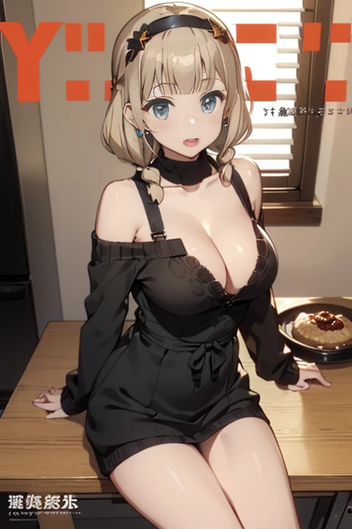 (small breasts:1.2), (perky chest:1.2), (pointed chest:1.2), (Pudding cake magazine cover:1.3),(from above:1.0),(from side:0.9),masterpiece, 1girl, Amazing Cleavage:1.1, thin waist, big ass, Raised sexy, posed cleavage:1.2、solo, looking at viewer, open mouth, have a cute grass of cute beergrass,black hair, dark green eyes, dress, bare shoulders, jewelry, collarbone, sidelocks, hairband, earrings, indoors, off shoulder, sweater, arms behind back, plant, short hair with long locks, gild hairband, off-shoulder dress, sweater dress, off-shoulder sweater, red sweater, dark gord hair, big side hair, very long side hair,is rendered in (masterpiece: 1.2, best quality), with (ultra high resolution) and an exquisite (depth of field). This masterpiece is not only visually stunning but also tells,A scene of cooking in the kitchen by classroom