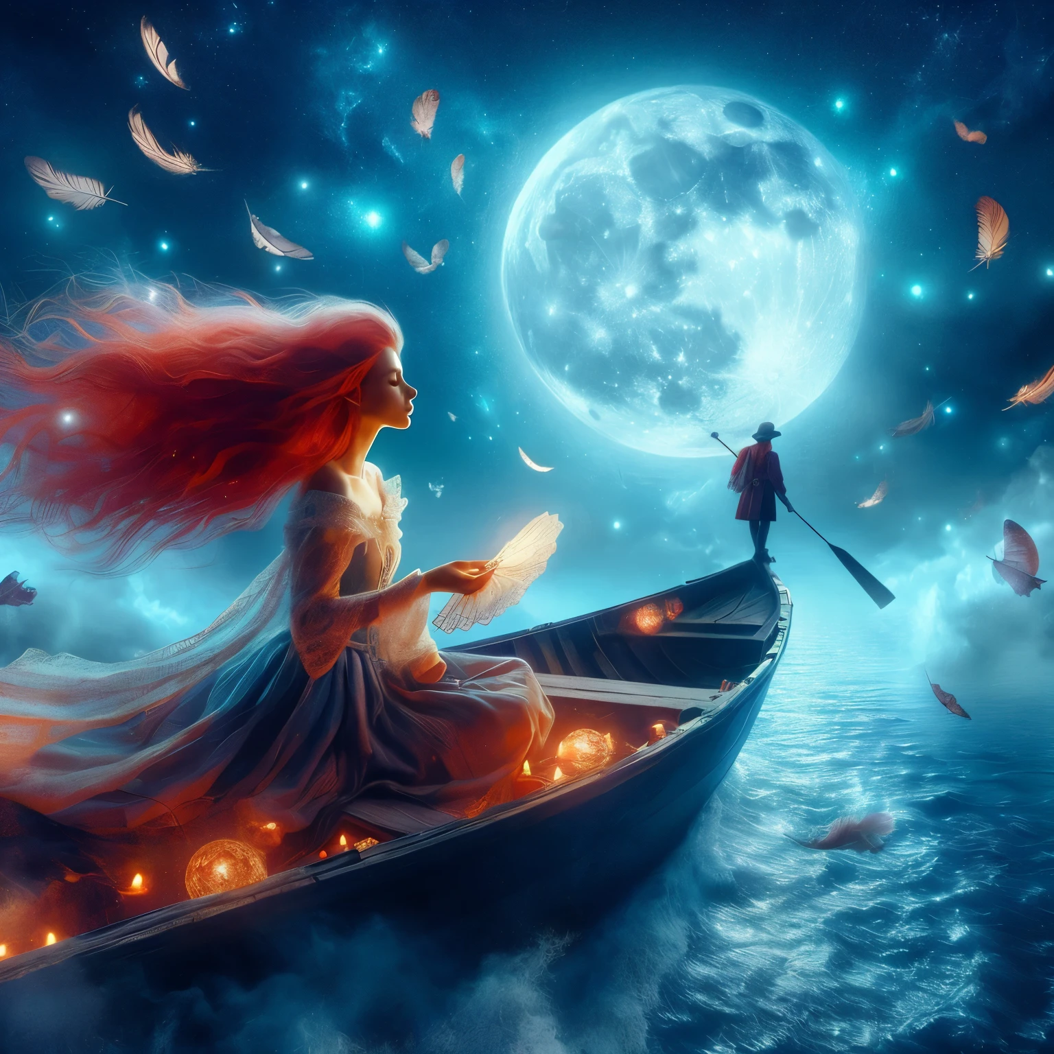 beautiful red-haired woman riding in a magical flying boat across the nights sky, full blue moon wanderlust mystery and poetry of love travail and adventure 8k resolution