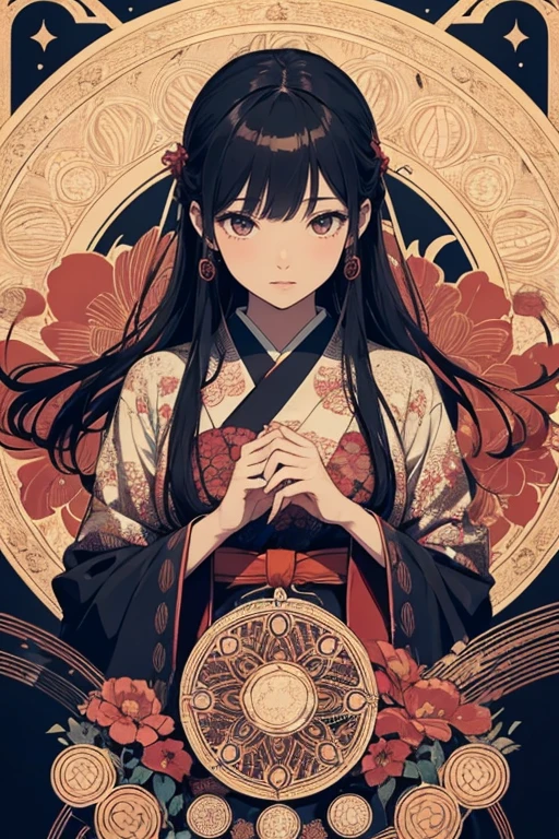 A visually appealing and high-resolution circular design featuring ten Japanese girls in various traditional , each within their own circle on the page. The central figure is adorned with intricate patterns of dark reds and gold accents, while surrounding figures display vibrant colors like deep blues or soft purples. This detailed illustration captures an atmosphere reminiscent of old-world elegance and cultural richness, perfect for adding depth to your projects. --ar 3:4 --niji 6 -