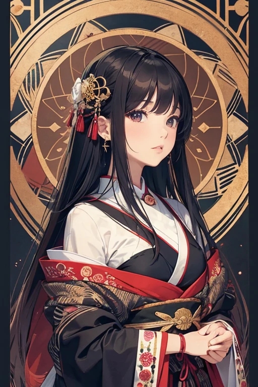 A visually appealing and high-resolution circular design featuring ten Japanese girls in various traditional , each within their own circle on the page. The central figure is adorned with intricate patterns of dark reds and gold accents, while surrounding figures display vibrant colors like deep blues or soft purples. This detailed illustration captures an atmosphere reminiscent of old-world elegance and cultural richness, perfect for adding depth to your projects. --ar 3:4 --niji 6 -