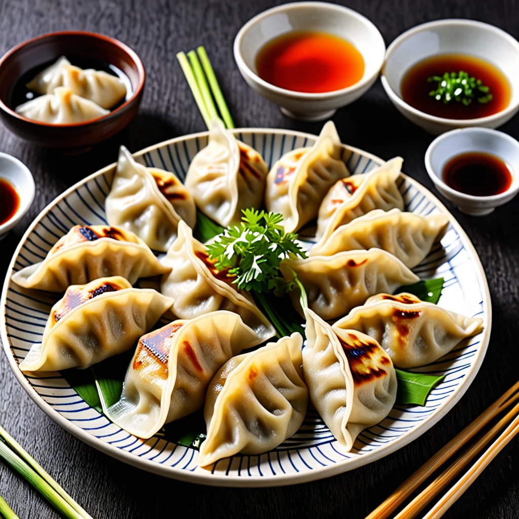 These dumplings are made from wheat flour dough rolled out thinly and shaped into semicircular shapes.、Gyoza dumplings with grilled surface、