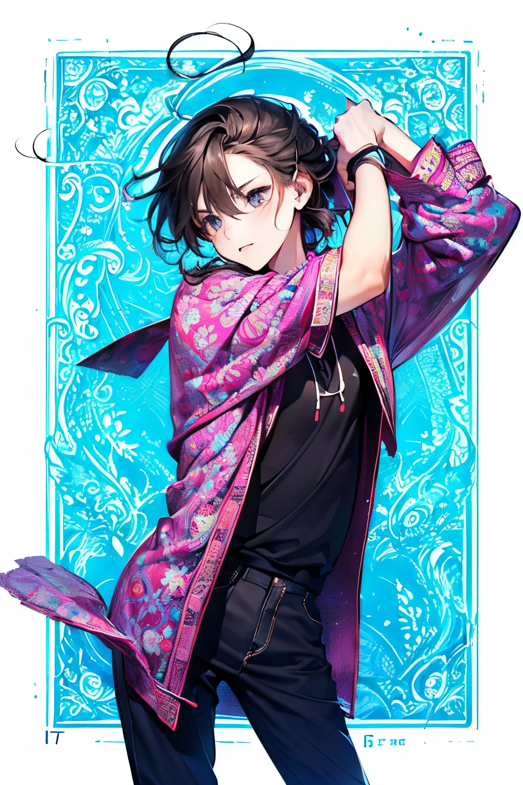 ((Male, about 17 years old:1.5)),((half up and half down hair:1.35)),((Casual, relaxed clothing:1.2)),(feminine:1.4),((Energetic and active movement:1.3)),☺️,(high quality:1.4)),((beautiful image:1.4)),((doragon pattern background:1.3)),((perfect hand:1.25))