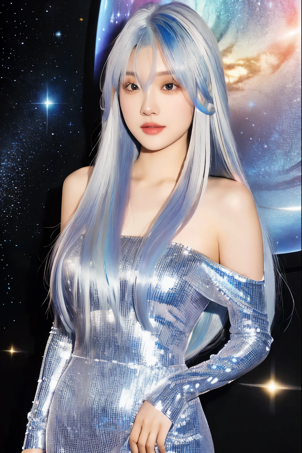 Close-up of a long-haired woman wearing a silver tube top dress, Short Shiny Colored Hair, Colorful long hair, Long metal hair, girl silver hair, has long white hair, Long hair in pastel colors, sha xi, sky blue straight hair, Light Rainbow Hair, Her hair is galaxy, with white hair