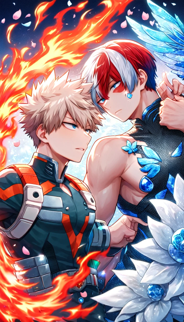 Ultra detailed, HDR, Highres, absurdres, master piece, Todoroki Shouto, bicolor hair, white right hair, red left hair, expressive blue eyes, Bakugo Katsuki, ash blond hair, expressive red eyes, Boku No Hero Academia, blue glittering butterflies, petals, fantasy, blue flowers, two sexy man together, gay couple, yaoi, extremely detailed face and eyes, handsome, glittering, bare chest, hero clothes, blue gemstone background, fire and ice, cross, radiant, love,