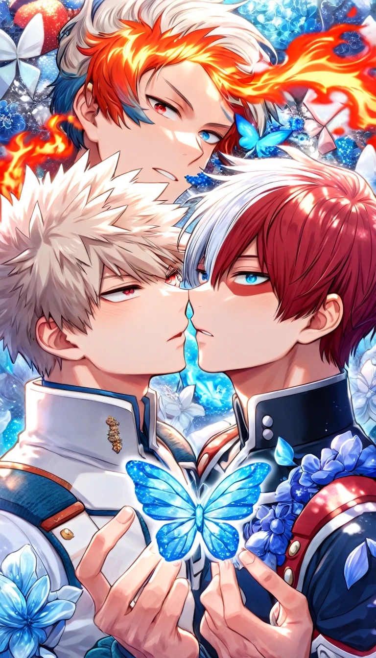 Ultra detailed, HDR, Highres, absurdres, master piece, Todoroki Shouto, bicolor hair, white right hair, red left hair, expressive blue eyes, Bakugo Katsuki, ash blond hair, expressive red eyes, Boku No Hero Academia, blue glittering butterflies, petals, fantasy, blue flowers, two sexy man together, gay couple, yaoi, extremely detailed face and eyes, handsome, glittering, hero clothes, blue gemstone background, fire and ice, cross, radiant, love,