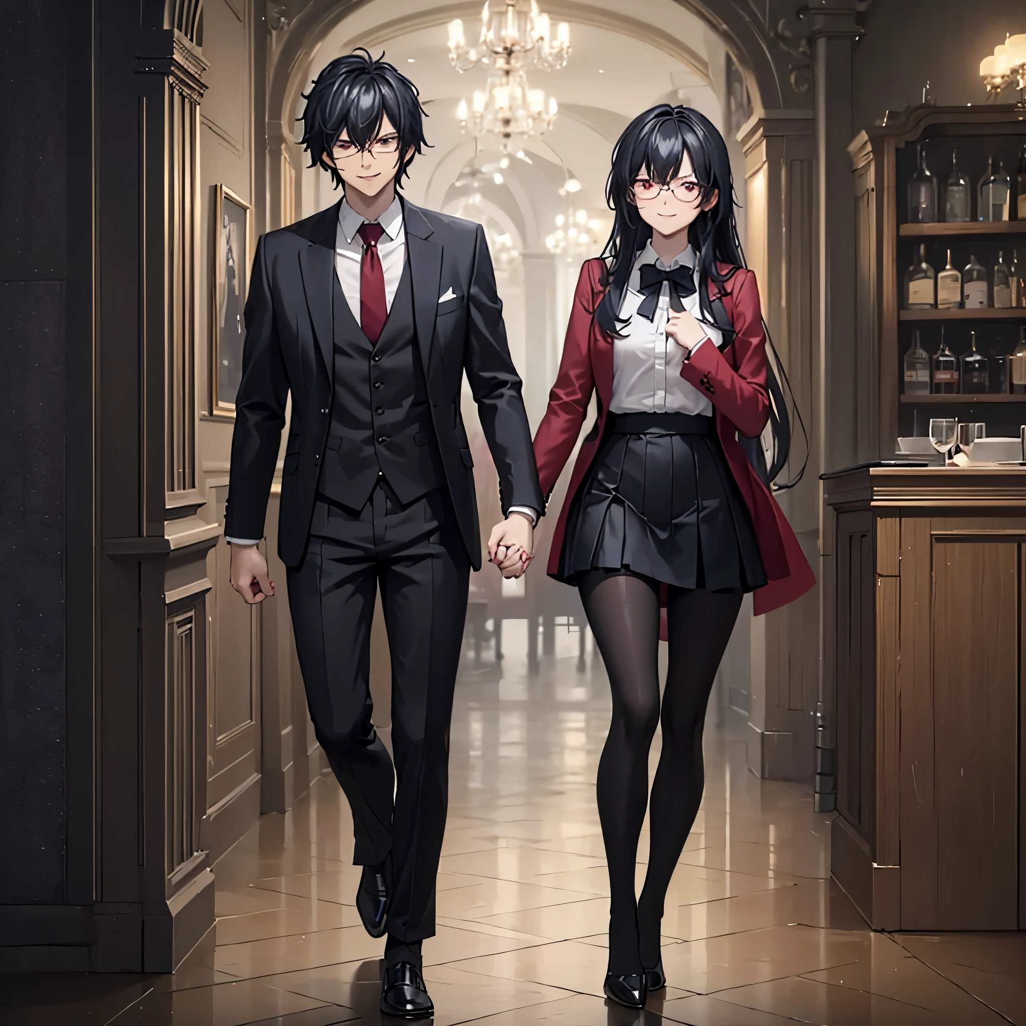 A man together with a woman holding hands Walking on the floor of a luxury coffee shop at night, with perfect lighting, (romantic atmosphere) (holding hands perfectly with coherent fingers), (woman wearing red coat, white shirt, black skirt, stockings black pants, smiling red eyes, long black hair) (a man wearing a black suit, black pants, black hair, dark blue eyes, smiling) (just a man and woman couple), .shadow, flower, UHD, artwork- prime, accurate, anatomically correct, textured skin, super detail, high quality, best quality, 8k, high resolution, bokeh effect.