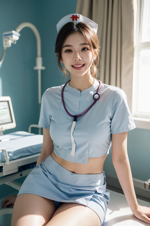 (One ultimate beautiful mature korean woman), experienced nurse, very detailed face, detailed lips, detailed eye, double eyelid, brunette updo, (grin and laugh), ((beautiful teeth)), (((Wearing a white nurse uniform)))), cone_hair_bun, single hair bun, big breasts, (thighs thighs thighs), Perfect fit, perfect body, perfect face, (((background: Hospital room with lots of medical equipment)))、cowboy shot, (Depth of bounds written), Perfect image realism, With detailed background, detailed costume, perfection、hyper realism、Photoreal、8K maximum resolution, (masterpiece), very detailed, Professional