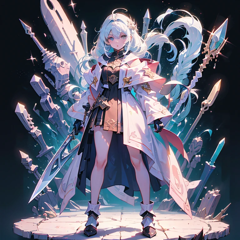 Design a layout showcase Gaming character, (1girl). Golden+Purle clothes, stylish and unique, ((showcase weapon:1.4)), magic staff, (masterpiece:1.2), (best quality), 4k, ultra-detailed, (Step by step design, layout art:1.5), (luminous lighting, atmospheric lighting), magican, ((glove full hands)), (((revealing clothes:1.3))), vambraces, armored legwear, (((full_body_shot:1.4)))