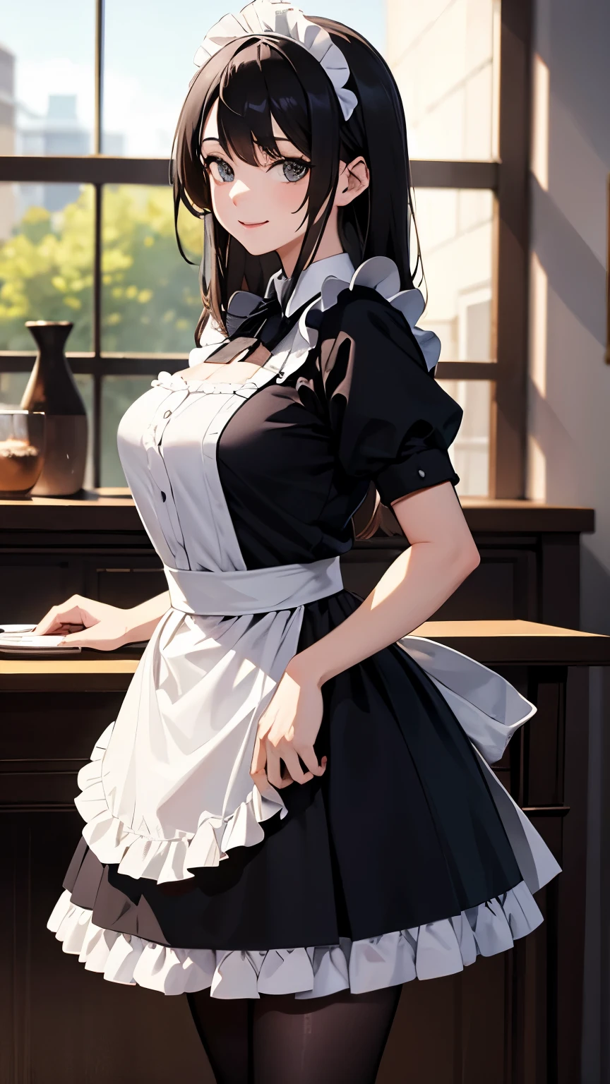 (masterpiece, highest quality), (Absurd:1.2), Illustrations for novels, (Super detailed, 8k, Ultra-high resolution:1.2), One girl, young, slim, Long Hair, Maid clothes, frills, smile, (Dynamic pose:1.2), table, tablecloth, holding coffee on a tray