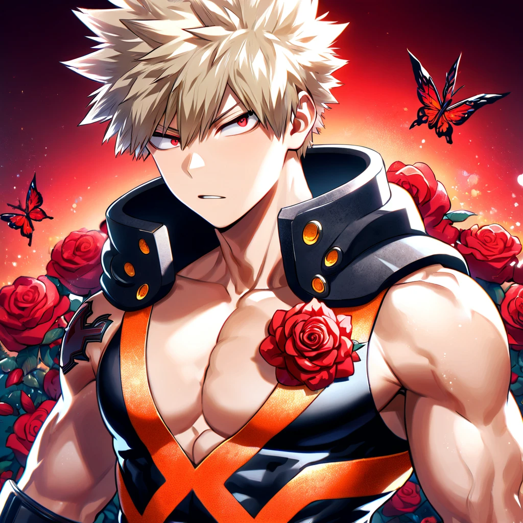 absurdres, highres, ultra detailed, HDR, master piece, best quality, Bakugo Katsuki, ash-blonde hair, expressive red eyes, Boku no hero academia, solo, sexy man, handsome, toned chest, black hero clothes, magical, fantasy, red roses, red butterflies, red petals, red sky