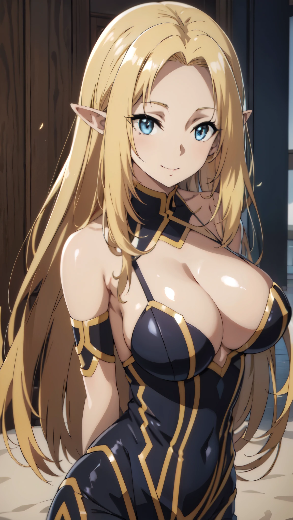 (Upper Body),medium shot,anime,masterpiece,Portraiture, 8k,Realistic, Elegant mature elven woman, Elf Ears,blue eyes, (Aesthetic Anime Eyes:1.4),large breasts,Blonde Hair, Black bodysuit, smile,Beautiful breasts,8K resolution, High quality CG, Beautiful CG, Soft Light,looking at viewer,24-years-old,