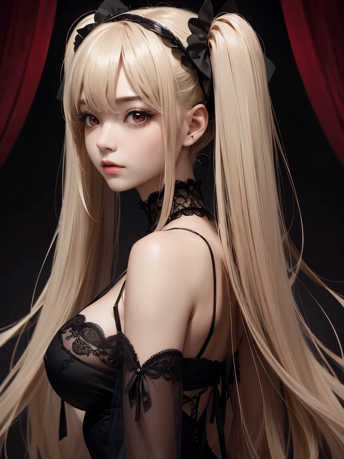 ((masterpiece)), Halloween broken doll, (adult woman), segmented limbs, (absurdres, highres, ultra detailed), backlighting, bare shoulders, tall, model, big breasts, black background, long white hair, cracked face, cowboy shot, ornate ancient earrings, expressionless, roses, light particles, looking at viewer, off-shoulder gothic ancient boned design dress, rose petals, red eyes