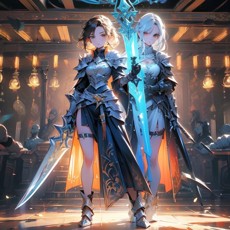 Design a layout showcase Gaming character, (1girl). Golden+Purle clothes, stylish and unique, ((showcase weapon:1.4)), magic staff, (masterpiece:1.2), (best quality), 4k, ultra-detailed, (Step by step design, layout art:1.5), (luminous lighting, atmospheric lighting), magican, ((glove full hands)), (((revealing clothes:1.3))), vambraces, armored legwear, (((full_body_shot:1.4)))