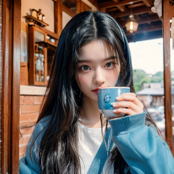 (masterpiece), (best quality), (ultra-detailed),antique house,1girl,nostalgic,lodge,A girl is traveling
,shiny black hair, wide angle, blue eye, medium hair,
antique cafe, at dusk, holding coffee cup with both hands