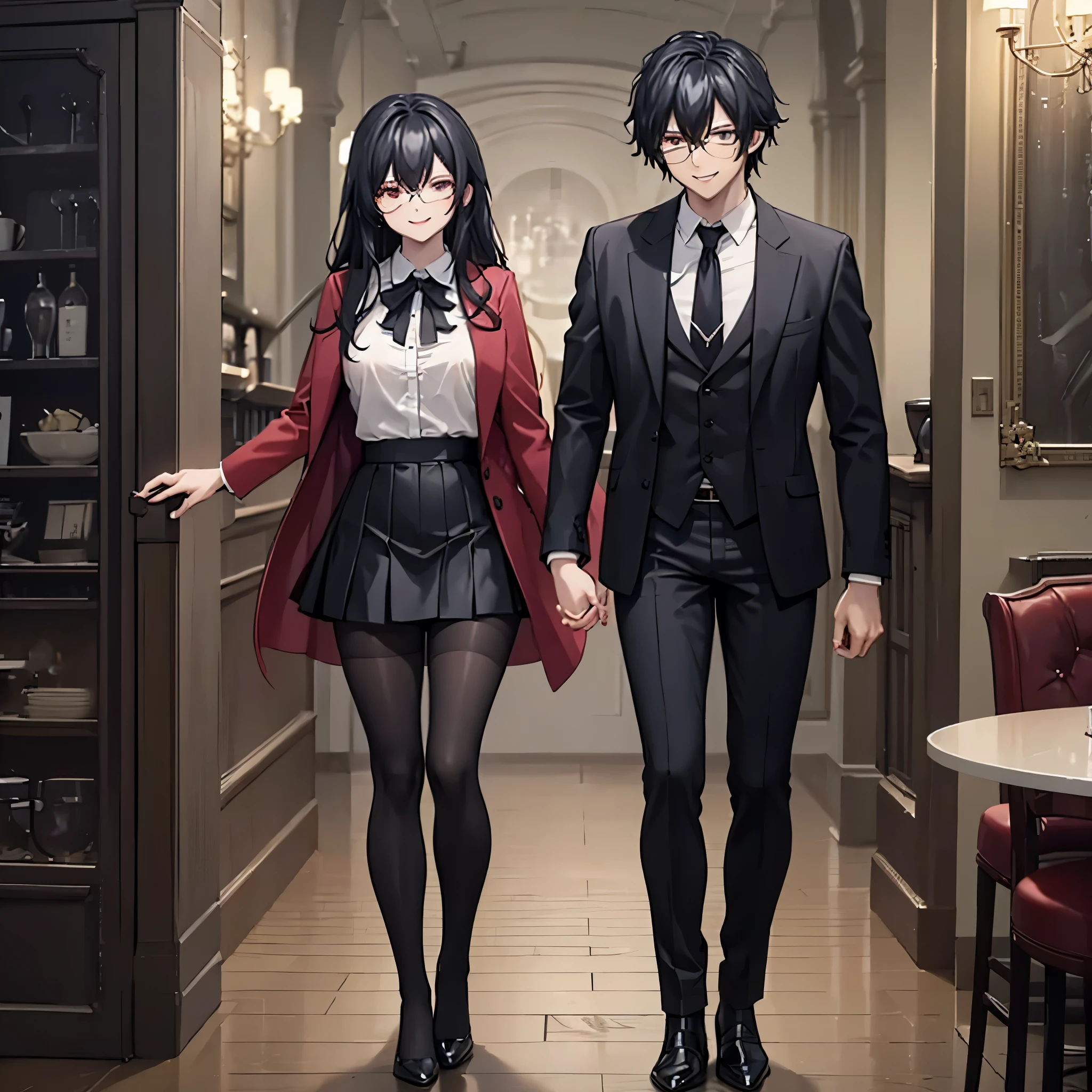 A man together with a woman holding hands Walking on the floor of a luxury coffee shop at night, with perfect lighting, (romantic atmosphere) (holding hands perfectly with coherent fingers), (woman wearing red coat, white shirt, black skirt, stockings black pants, smiling red eyes, long black hair) (a man wearing a black suit, black pants, black hair, dark blue eyes, smiling) (just a man and woman couple), .shadow, flower, UHD, artwork- prime, accurate, anatomically correct, textured skin, super detail, high quality, best quality, 8k, high resolution, bokeh effect.
