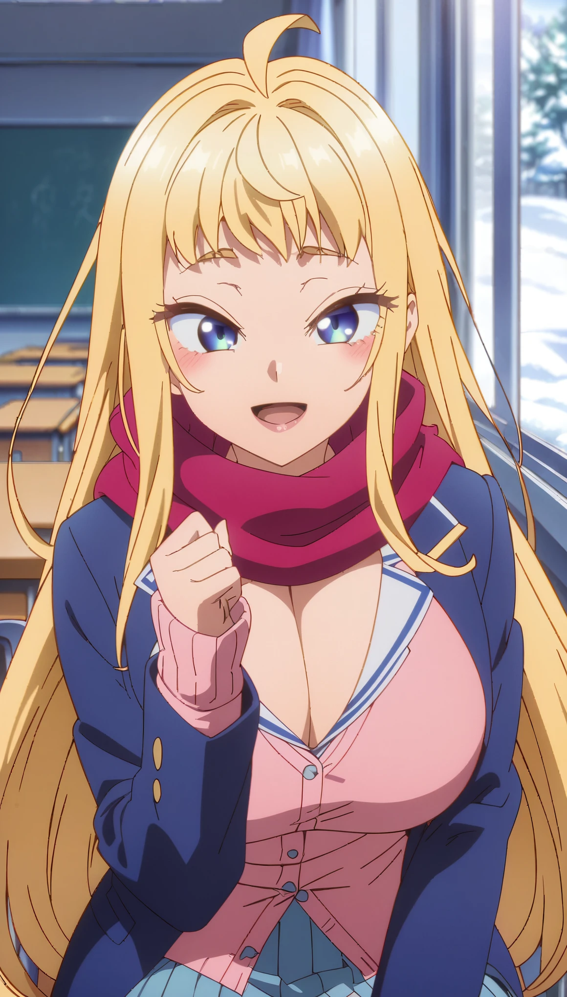 (highest quality:1.2, Anime artwork, Anime Style, Studio Anime, Very detailed, Latest, Vibrant, Anime Coloring, High Contrast, masterpiece:1.2, highest quality, Best aesthetics), 1 female, minamifuyuki, Blonde Hair, Long Hair, Side Lock, Ahoge, blue eyes, blush, smile, Cleavage, Big Breasts, scarf, 赤いscarf,Blue jacket, Pink Cardigan, Pleated skirt, Sitting on a chair, Looking up, Cowboy Shot:1.2, stare, Open your mouth, wave hands:1.4, 視聴者をstaresmile,  School classroom, Snowy landscape outside the window,