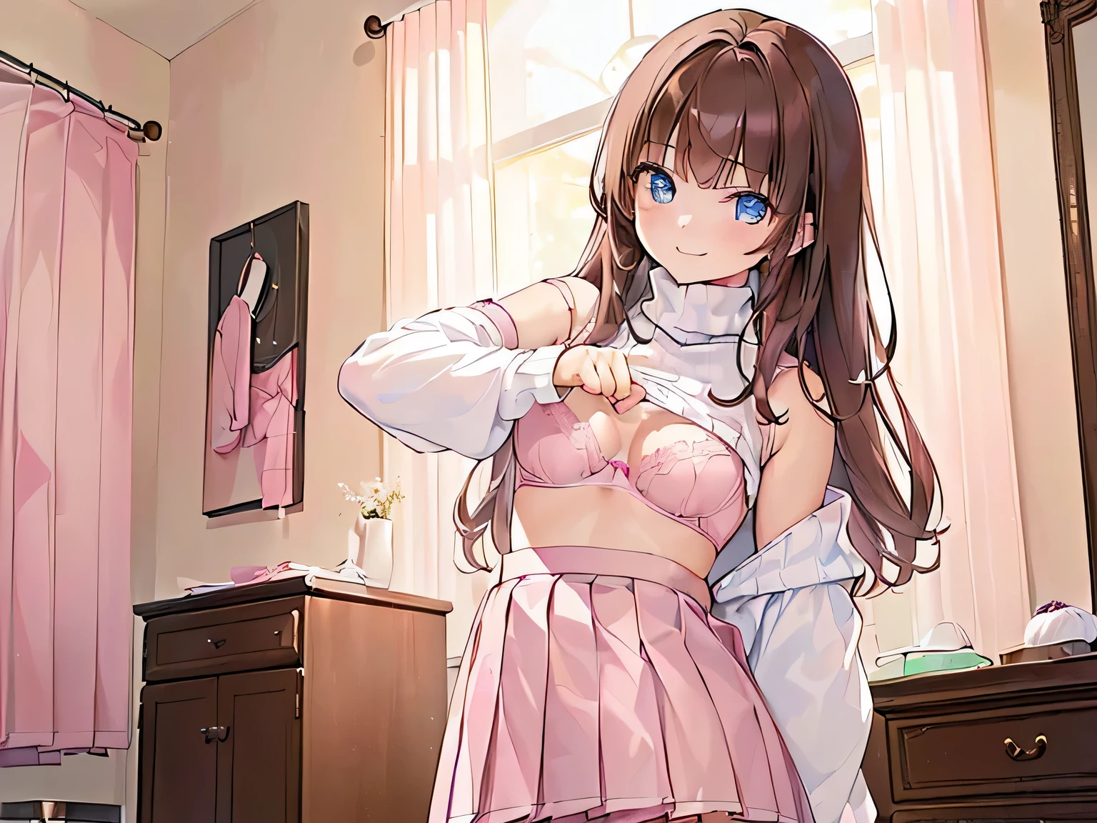 Lolita,SEX,NSFW,light brown hair,big purple eyes,Nice smile、Pink uniform、frills、Red cheeks、thin eyebrows、pink ribbon、long hair,　, Black knee high、flat chest、small nipples、 ((puss juice, Sweat, Sweatdrop)), (((spread puss,Not Safe for Work))), ((ure-thra)), nip,((cli-toris)), urinates, anus,　spreading her pussy to the limit、hymen、Uterus、clitoris、urethra、Squirting、beautiful feet、clean hands、droopy eyes、Big eyes、White Mini Pleated Skirt、つま先までBlack knee high、Sparkling eyes、Her pink panties hang around her knees.、