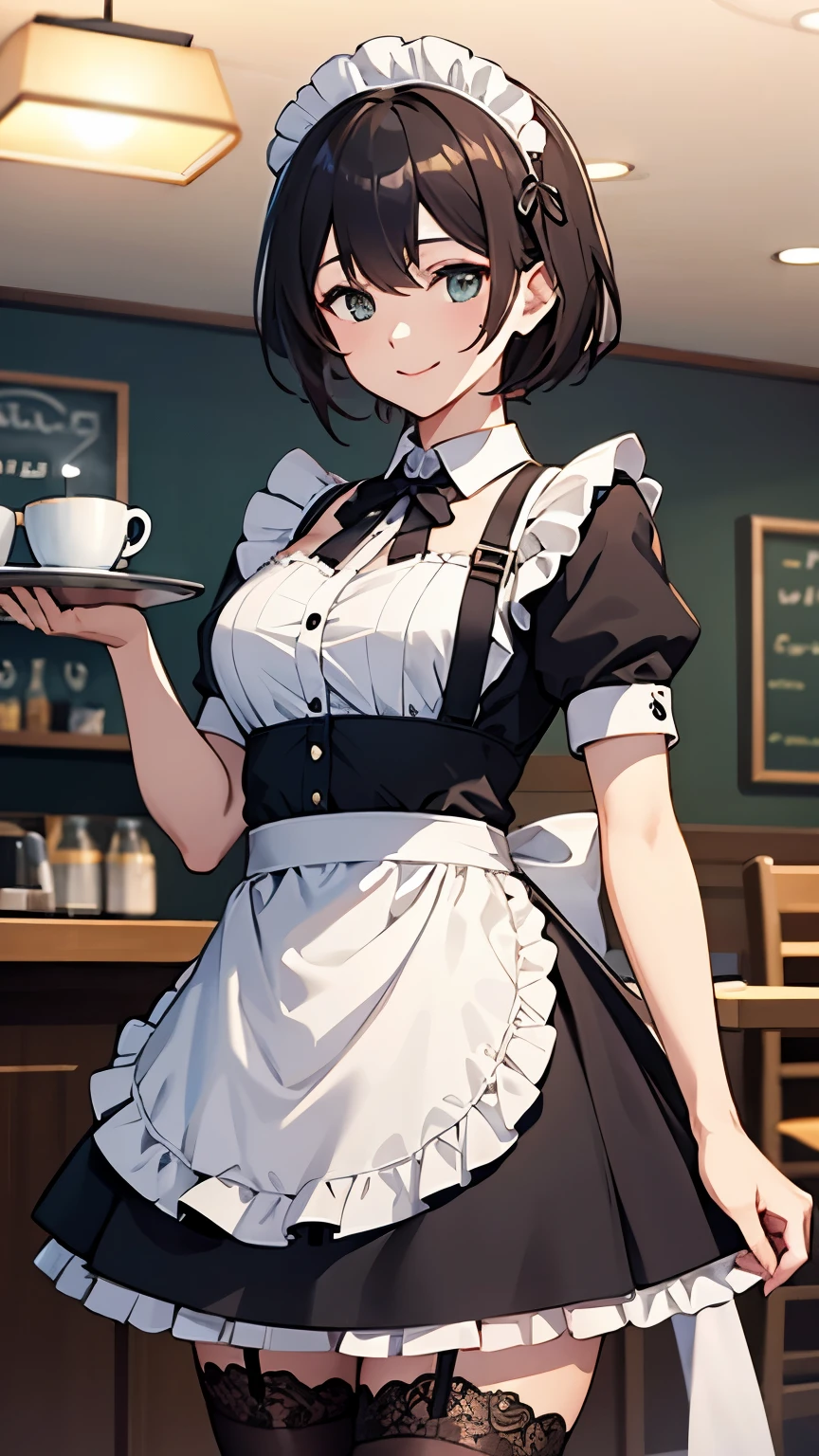 Coffee shop background,Coffee shop background,Indoor background,Tables and Chairs,Bar,Maid girl,Wearing a maid outfit,Maid headband,futanari,Hip bulge,Bulge between the thighs,cute,charming,Bulge between the thighs,Bulge between the thighs,Hip bulge,cute,Pants,shorts,Short skirt,Culottes,Close-up shot from waist up
