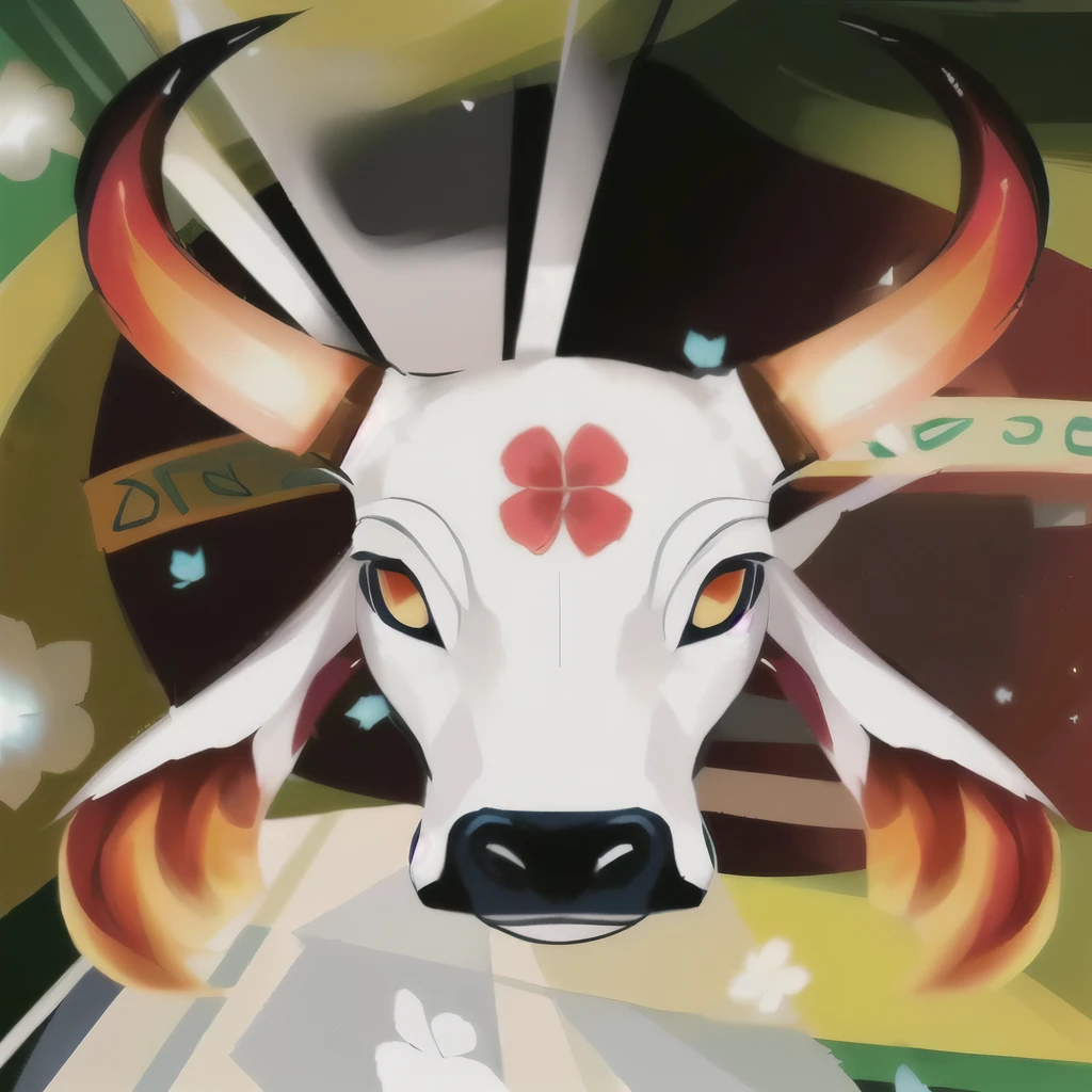 painting of a bull with a flower on its head, an boi, bull head, vaca, bovino, face of an boi, por Derek Zabrocki, captura de tela oficial, imagem de avatar, arte oficial, touro dourado, imagem de perfil, boi, por John Fernando Cobo, imagem de perfil, inspirado em Edo Murtic, por Luis Miranda, imagem renderizada, flying vaca