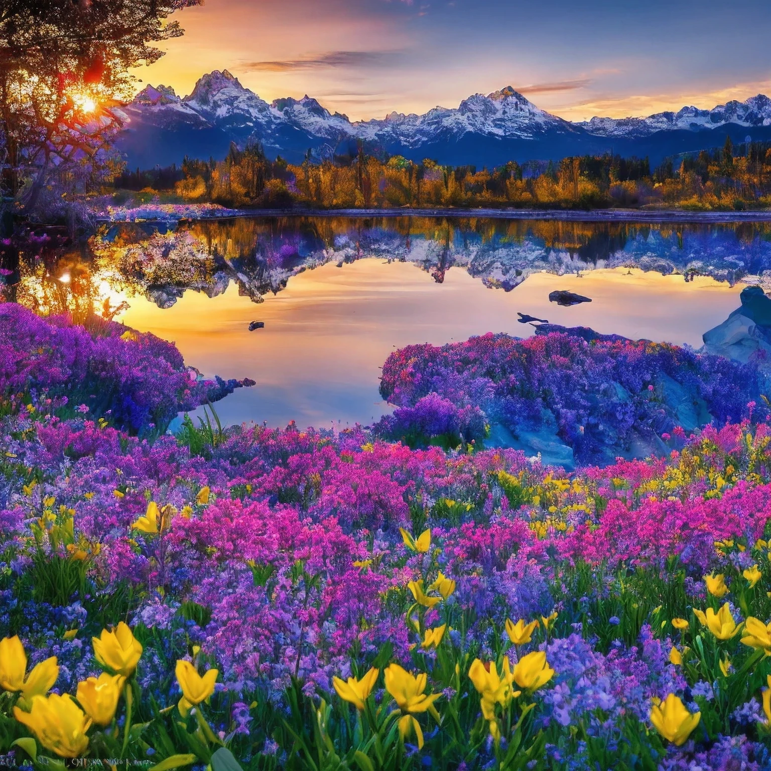(Best quality, 8K, a high resolution, masterpiece:1.2), stunning sunset over majestic mountains, crystal clear lake, отражающее bright colors, blooming flowers in the foreground, convey the essence of the beauty of nature, incredible depth and perspective, every detail is carefully recorded, напоминает фотографии National Geographic, , bright colors, Bringing the scene to life, a breathtaking masterpiece that has won numerous awards.