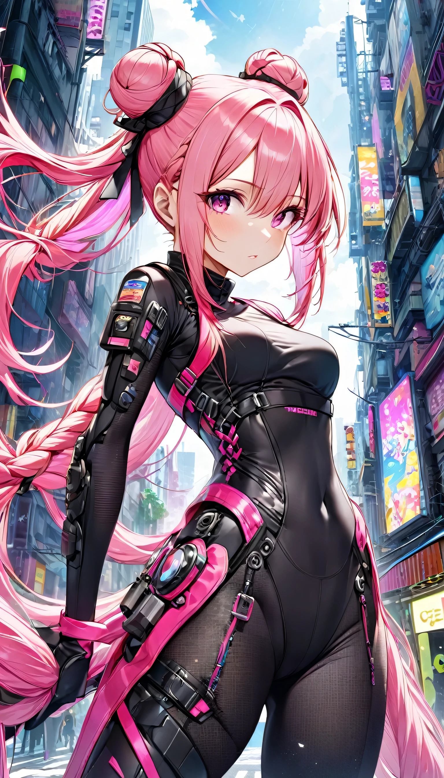 highest quality, Super quality, 16k, Incredibly absurd, Very detailed, delicate and dynamic, Beautiful Female Warrior, Rainbow braided ponytail, amount, Cool and attractive appearance, Metallic Pink Eyes, amazing proportions, Semi-transparent rainbow reinforced bodysuit, Future Punk, Background: Ruined city,(Hair Ribbon:0.4), Pink Eyes,Cinematic Angles,perspective,(((Bun Hair))),(((Long pink hair))),