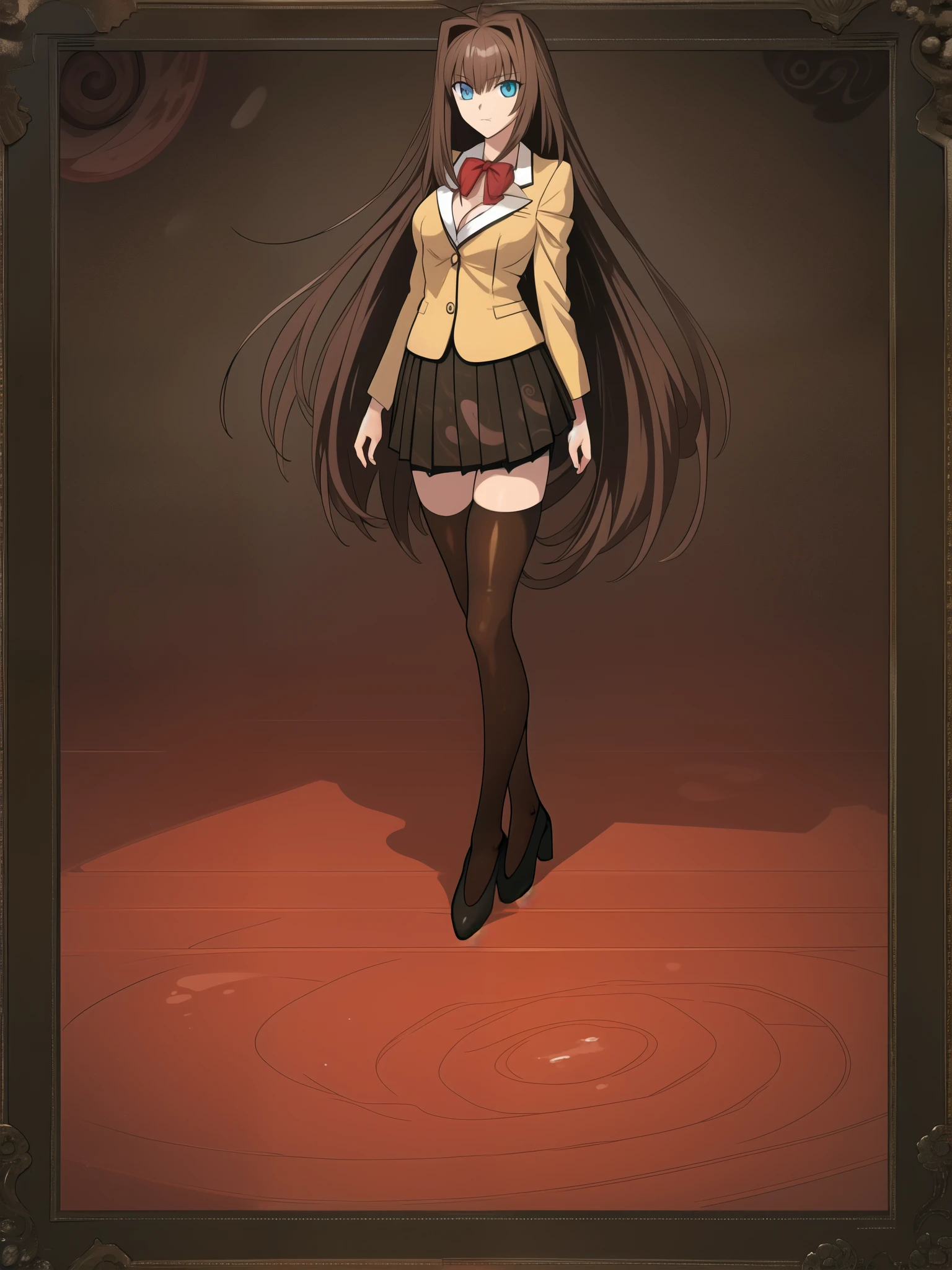 BREAK, blank background, white background, (EMPTY BACKGROUND), BREAK (masterpiece:1.2), best quality, high resolution, 8k, illustration, (beautiful detailed eyes:1.6), extremely detailed face, extremely detailed, CG, perfect hands, perfect anatomy, (((1girl))), (((solo))), (takeuchi takashi), ((((bbaoko))), (((2 legs max:1.7))), (((2 feet max:1.6))), ((swirling vortex shaped longest brown hair:1.5)), (brown longest hair with slightly reddish undertone:1.6), (lush luscious longest brown hair:1.6), (very long voluminous longest brown hair:1.5), serious, blue eyes, red bowtie, (Form-fitting beige blazer:1.5), brown jacket, (highly detailed beautiful face:1.2), (white shirt:1), (well shaped large breasts:1.6), (nice hips:1), (((Umber pleated thigh-high skirt:1.6))), (((black bike shorts:1.4))), (2 nice visible thighs:1.6), (symmetrical thigh-high black colored stockings:1.6), (strap shoes brown color), (facing front:1.5), ((standing straight:1.5)), ((Fullbody in frame:1.6)), ((Full body:1.5))