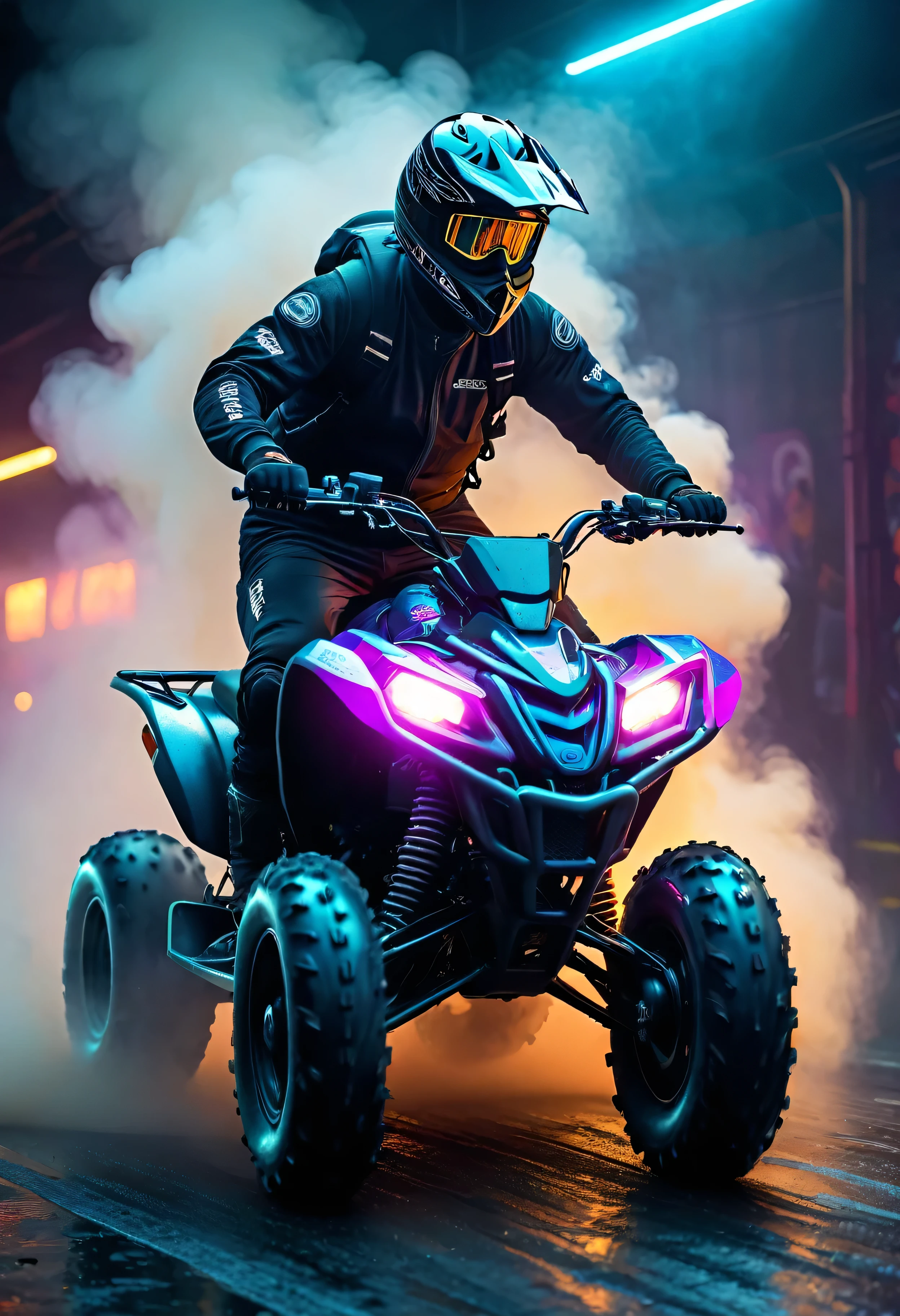 Quad bike rider, mid action using Dutch tilt composition, bathed in neon lighting, surrounded by light smoke and a touch of fog suggestive of fog, ultra HD realistic style with bright colors, highly detailed UHD drawing, octane rendering creating a beautiful and complex visual delight, trending in ArtStation aesthetics, 8k artistic photography technique, photorealistic concept portrayed with soft natural volumetric light ensuring cinematic quality.