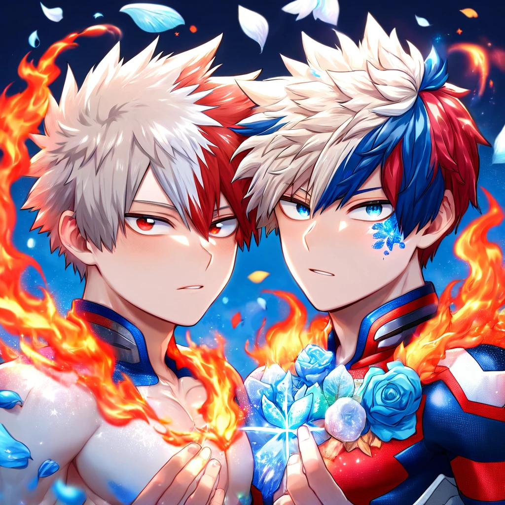 Ultra detailed, HDR, Highres, absurdres, master piece, Todoroki Shouto, bicolor hair, white right hair, red left hair, expressive blue eyes, Bakugo Katsuki, ash blond hair, expressive red eyes, Boku No Hero Academia, blue glittering butterflies, petals, fantasy, blue flowers, two sexy man together, gay couple, yaoi, extremely detailed face and eyes, handsome, glittering, toned chest, hero clothes, blue background, fire and ice, cross, radiant, love,