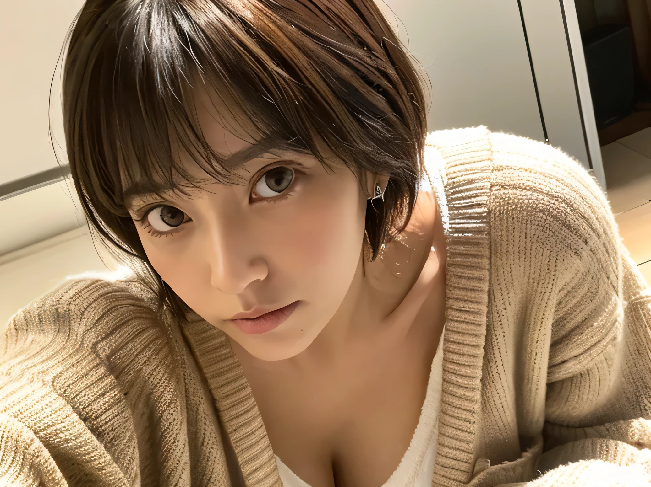 Look into the eyes,　Eye contact,　Front of face,　Front face,　face,　head,　Cross-legged,　indoor,　Brown Hair,　bangs,　cardigan,　Sweat,　clavicle,　shoulder,　Cross-legged,　chest,　Earrings,　Skin Moisture,　The gaze looking down on me,　Look at me,　Breast head peek,　short hair,　breasts