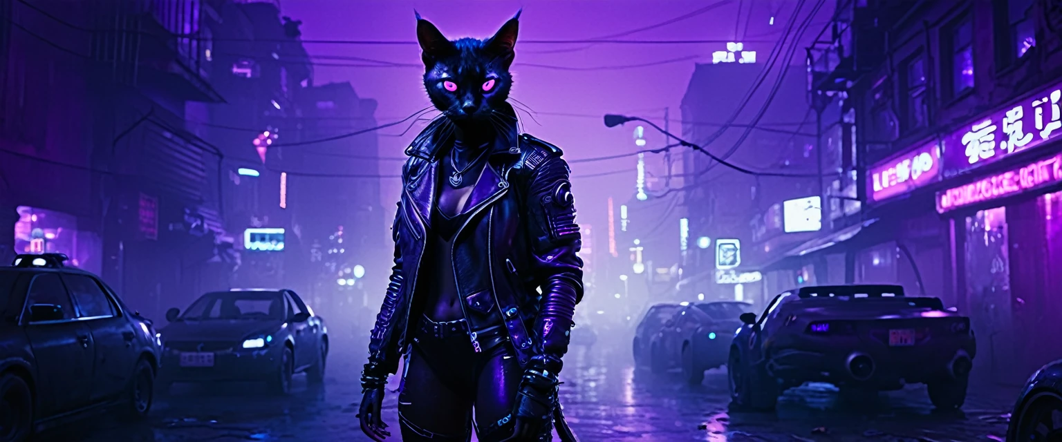 A black alien anthropomorphic cat with purple eyes in a purple eyes in a leather jacket and combat boots in a cyberpunk city at night, fog, neon, lights, cameras, surveillance, flying cars, transport tubes, noir, broken down slums