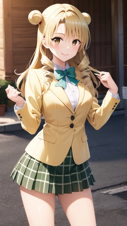 masterpiece, best quality, highres, 1girl, solo, long hair, blonde hair, double bun, drill hair, brown eyes, , green bowtie, blazer, yellow jacket, long sleeves, plaid skirt, green skirt, standing, cowboy shot, outdoors, smile,