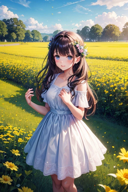 A beautiful and lovely girl standing in a flower field and a boy gently holding her hand and looking at her with sweet eyes
