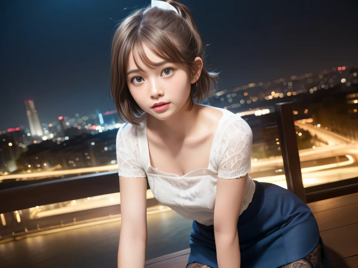 Ultra HD,(8)k,(1 Female:1.2 Beautiful and natural、High quality texture, Intricate details, Fine texture, High Detail, Highly detailed CG, High Quality Shadows, Realistic facial expressions, Beautiful and delicate face down to the last detail, Beautiful and delicate eyes, Brown pupil,((15 years old)) A perfectly balanced face, Depth of written boundary, Cinematic Light, Lens flare, Ray Tracing,perspective, (Big eyes:1.2),Blushing cheeks, Perfect body,(Dutch Angle,Excellent anatomy,, elegant,( Bright colors), 、Waist、Small Mouth、 Beautifully detailed face, Detailed cloth texture, Detailed hair texture, Accurate, Anatomically correct, Highly detailed face and skin texture,(( One Girl)), cute、(Ultra short hair)((Short ponytail))、 A shy smile, Brown Hair、Deep blue eyes、((Short sleeve lace top))、((Ultra mini skirt:1.2))、((Night cityscape))、 Perfect body,((Single))、