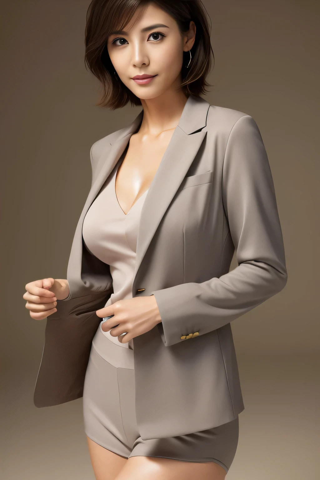 (highest quality,8k,masterpiece),
Very beautiful Japanese models,Narrow eyes,light makeup,
Big Breasts,Tight waist,Very Short Hair,
Elegant suits,
