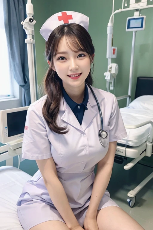 (One ultimate beautiful mature korean woman), experienced nurse, very detailed face, detailed lips, detailed eye, double eyelid, brunette updo, (grin and laugh), ((beautiful teeth)), (((Wearing a white nurse uniform)))), cone_hair_bun, single hair bun, big breasts, (thighs thighs thighs), Perfect fit, perfect body, perfect face, (((background: Hospital room with lots of medical equipment)))、cowboy shot, (Depth of bounds written), Perfect image realism, With detailed background, detailed costume, perfection、hyper realism、Photoreal、8K maximum resolution, (masterpiece), very detailed, Professional