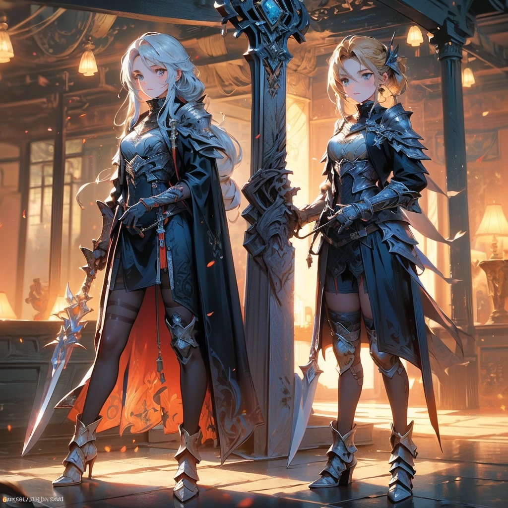 (((masterpiece, high quality, 8k)))Design a layout showcase Gaming character, (1girl). Golden+Purle clothes, stylish and unique, ((showcase weapon:1.4)), magic staff, (masterpiece:1.2), (best quality), 4k, ultra-detailed, (Step by step design, layout art:1.5), (luminous lighting, atmospheric lighting), magican, ((glove full hands)), (((revealing clothes:1.3))), vambraces, armored legwear, (((full_body_shot:1.4)))