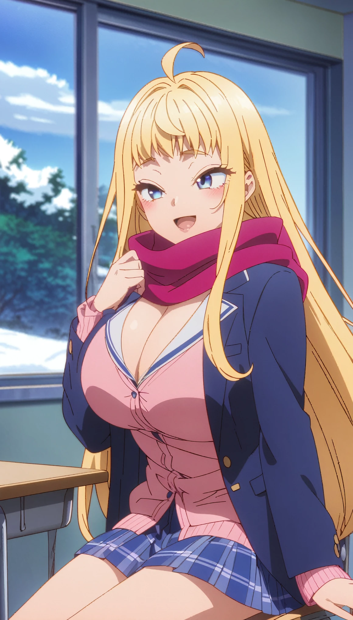 (highest quality:1.2, Anime artwork, Anime Style, Studio Anime, Very detailed, Latest, Vibrant, Anime Coloring, High Contrast, masterpiece:1.2, highest quality, Best aesthetics), 1 female, minamifuyuki, Blonde Hair, Long Hair, Side Lock, Ahoge, blue eyes, blush, smile, Cleavage, Big Breasts, scarf, 赤いscarf,Blue jacket, Pink Cardigan, Pleated skirt, Sitting on a chair, Looking up, Cowboy Shot:1.2, stare, Open your mouth, wave hands:1.4, 視聴者をstaresmile, School classroom, Snowy landscape outside the window,
