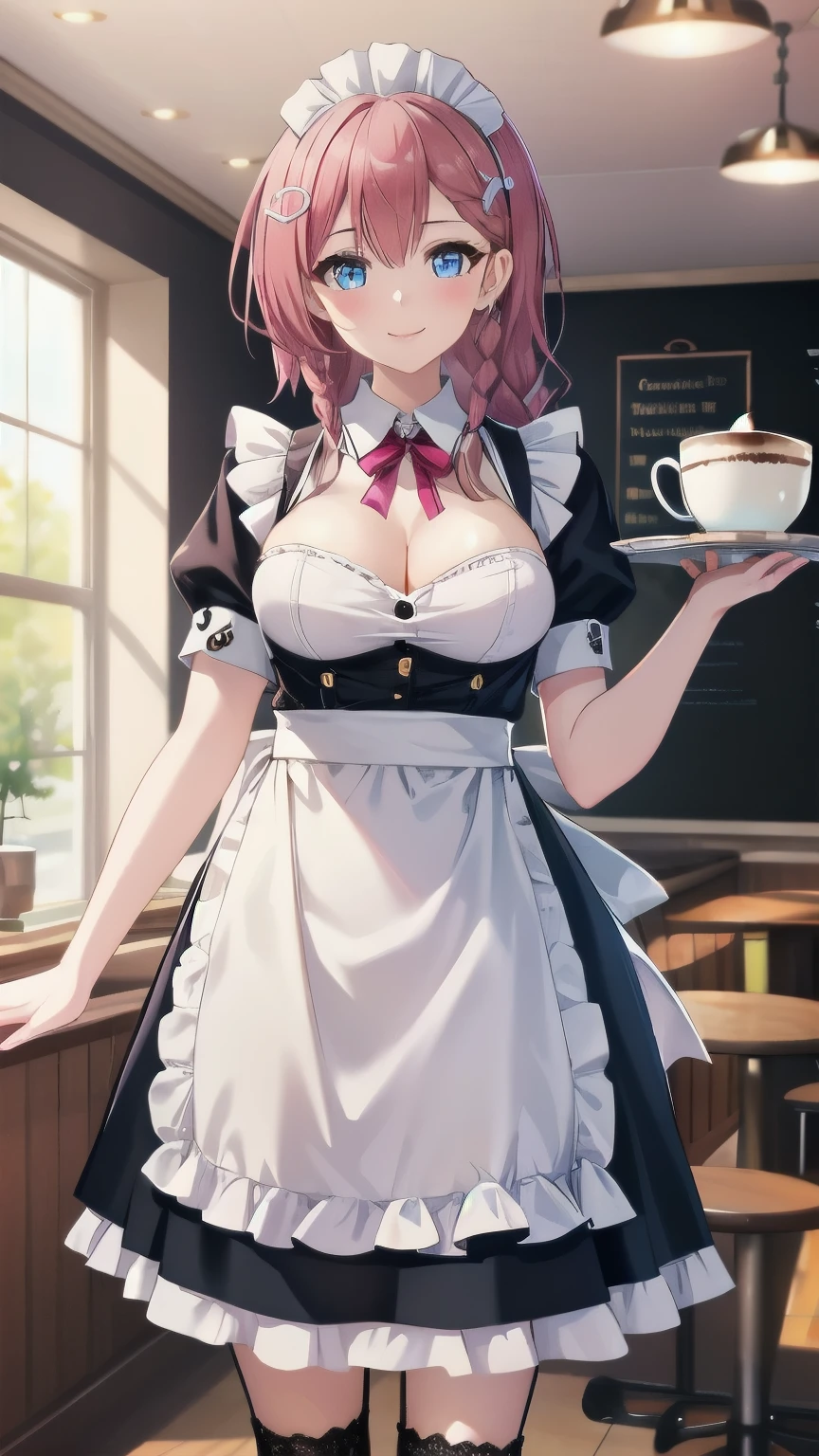 One girl, Stay \(honkai: Star Rail\), hairpin, Maid, Maid headdress, Maid apron, holding coffee on a tray, Lace-trimmed legwear, Cafe, indoor, View Viewer, smile, (Highly detailed CG Unity 8k wallpaper,masterpiece, highest quality, Super detailed, Beautiful fine details:1.2, Large Breasts)