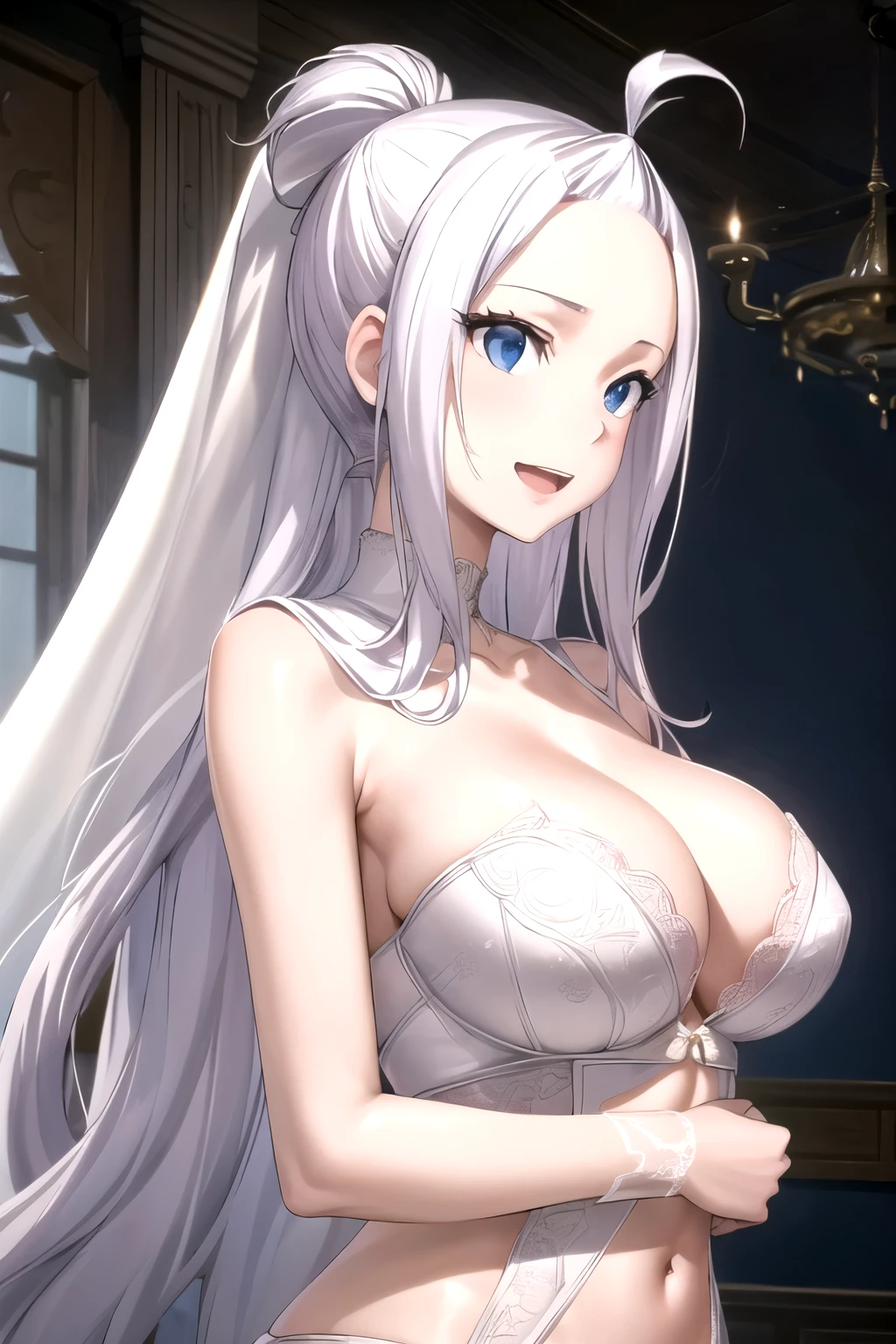 silky skin, whole body, whole body图片,bride, Wedding veil,Wedding dress, bra, lingerie, lace, underwear,Everlasting, Smile, open mouth, I admire you, 1 girl, white hair, blue eyes, masterpiece, absurd , (Intricate details), (Colorful),light,Half-length photo,Extremely detailed CG unity 8k wallpaper