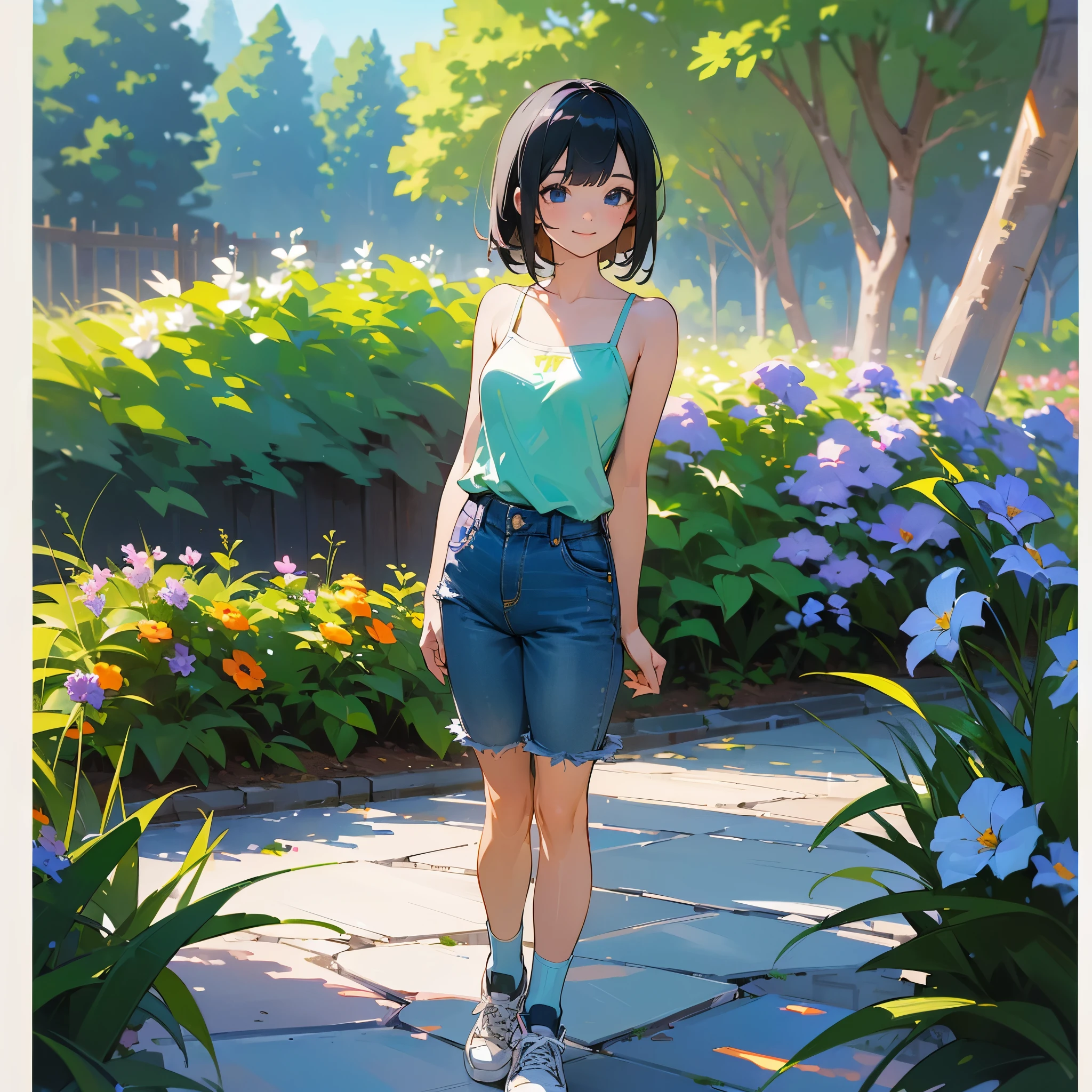 (high quality, High resolution, Very detailed, reality:1.37), Peaceful atmosphere, (Outdoor, garden), Teenage girl standing alone, (my breasts are big.), Beautiful details, Cute Smile, (Black bob hair), camisole, Denim shorts, Blue socks, sneakers.