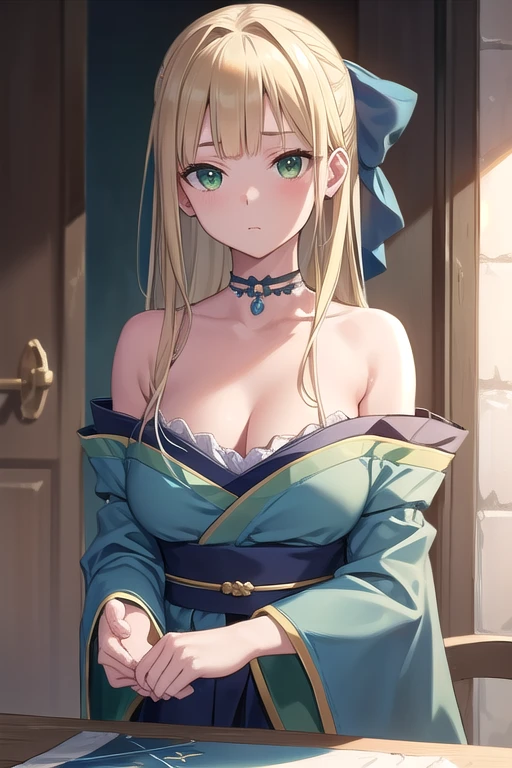 Blonde Hair, choker, (Green Eyes:1.5), Long Hair, break bare shoulders, Blue kimono, blush, blush stickers, Cleavage, clavicle, have, Off the shoulder, Pentacles, wizard have, (Blue clothes:1.5), break looking at viewer, break outdoors, city, break (masterpiece:1.2), highest quality, High resolution, Unity 8k, (shape:0.8), (Beautiful details:1.6), Highly detailed face, Perfect lighting, Extremely detailed CG, (Perfect hands, Perfect Anatomy),