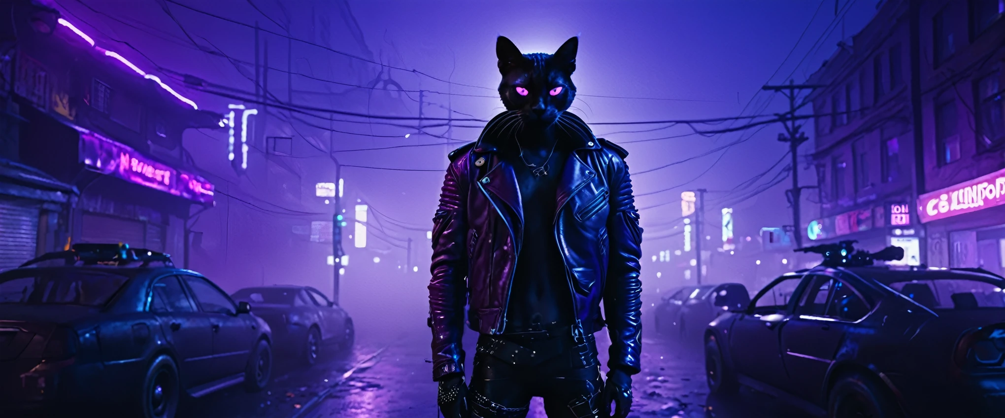 A black alien anthropomorphic cat with purple eyes in a purple eyes in a leather jacket and combat boots in a cyberpunk city at night, fog, neon, lights, cameras, surveillance, flying cars, transport tubes, noir, broken down slums