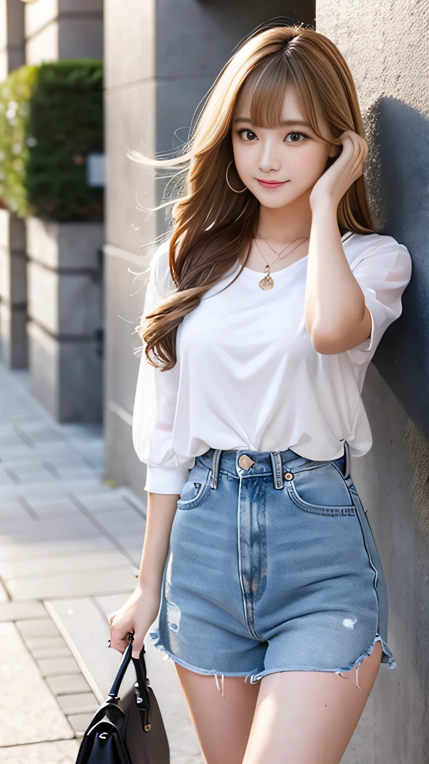 Sexy Big 、Sexy cute looks and cute 15 year old beautiful girl, beautiful and sexy face、A strong wind blows my hair in front of my face、With straight blonde hair、beautiful, Cute and sexy eyes hidden behind long bangs Gal outfit coordination