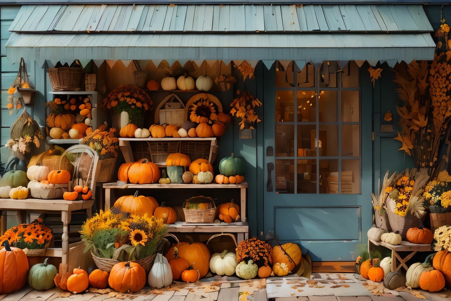 Autumn store display with various pumpkins and gourds, sunflowers and dried flowers in baskets, blue storefront with wooden shelves, cozy and warm atmosphere, vibrant fall colors, detailed and photorealistic
